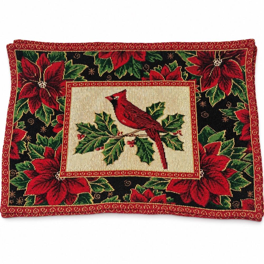 Christmas Cardinal Poinsettia Tapestry Placemats Red Green Holiday Set of 6